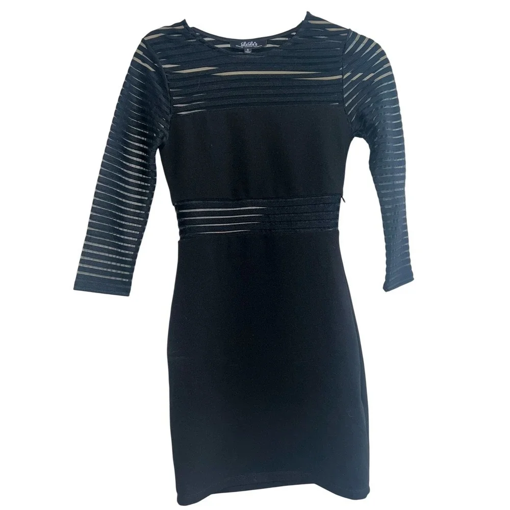 Black Mesh Sleeve Ponte Knit Bodycon Dress Sz S 3/4 Sleeve Minimalist Y2K Chic - Picture 3 of 9
